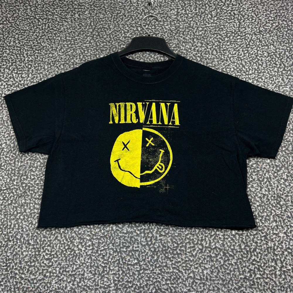 Nirvana Shirt Women Large Black Yellow Smiley Face Graphic Crop Top Short Sleeve